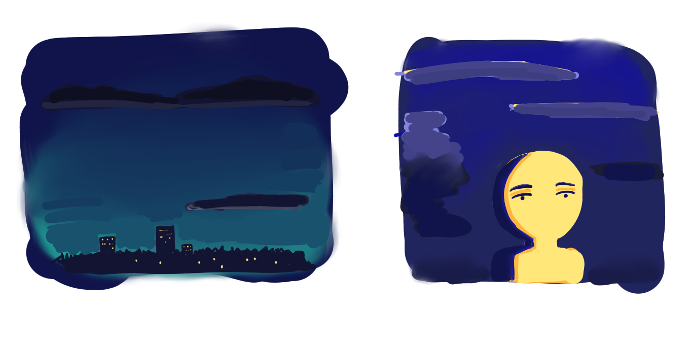 A cityscape at dusk and a person looking at it