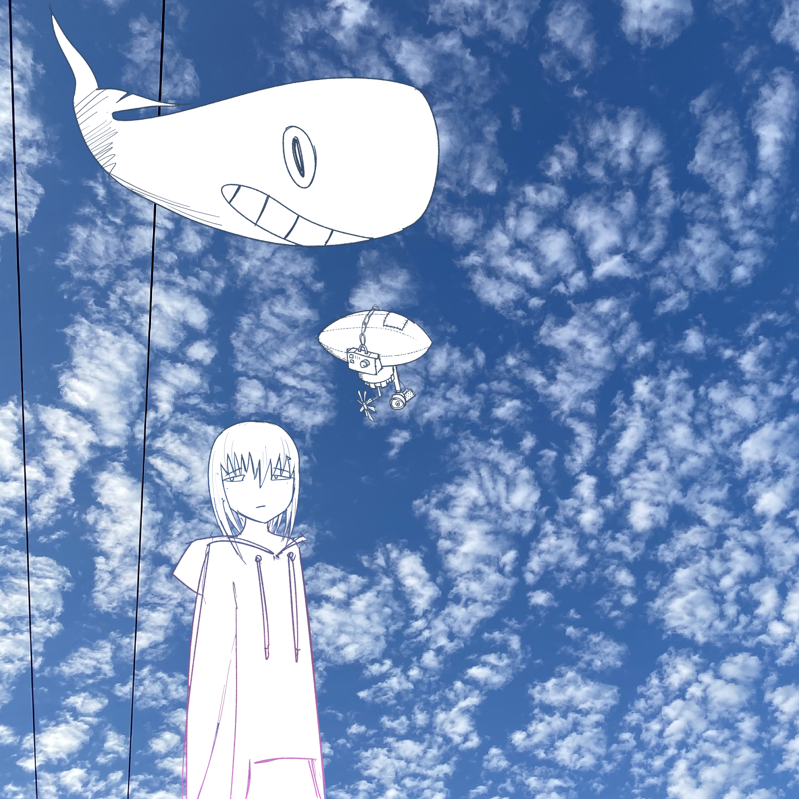 Illustration of a girl, a blimp, and a whale