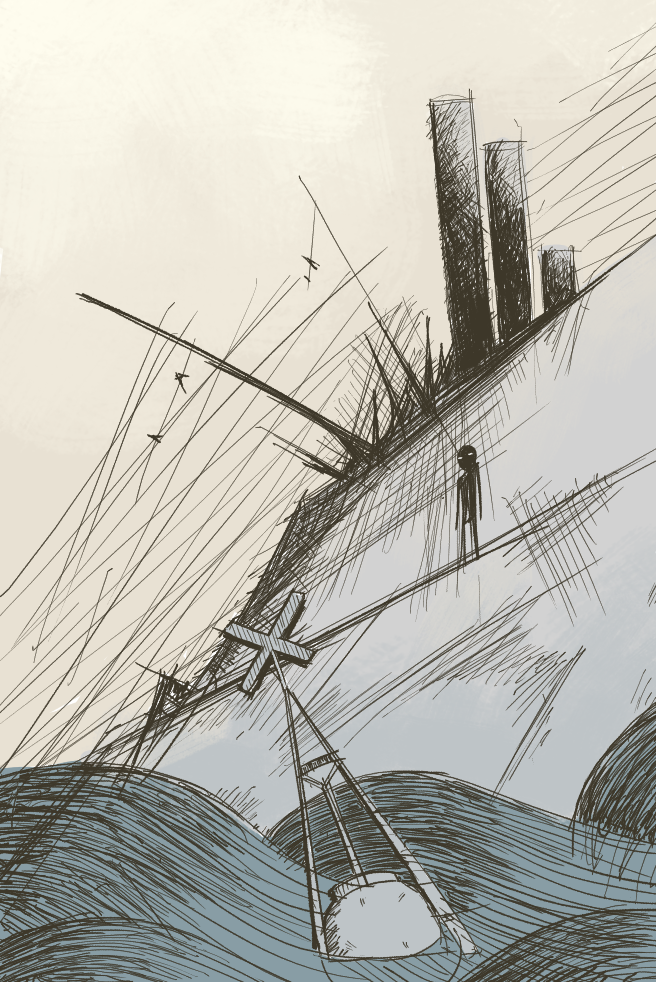 Illustration of a human figure standing under cranes and smokestacks. The figure is looking at a buoy floating on the roiling waves below.