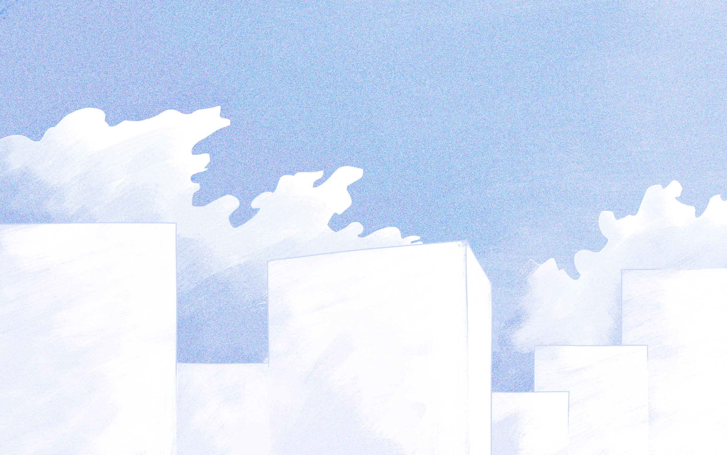 Illustration of white, featureless buildings and some clouds