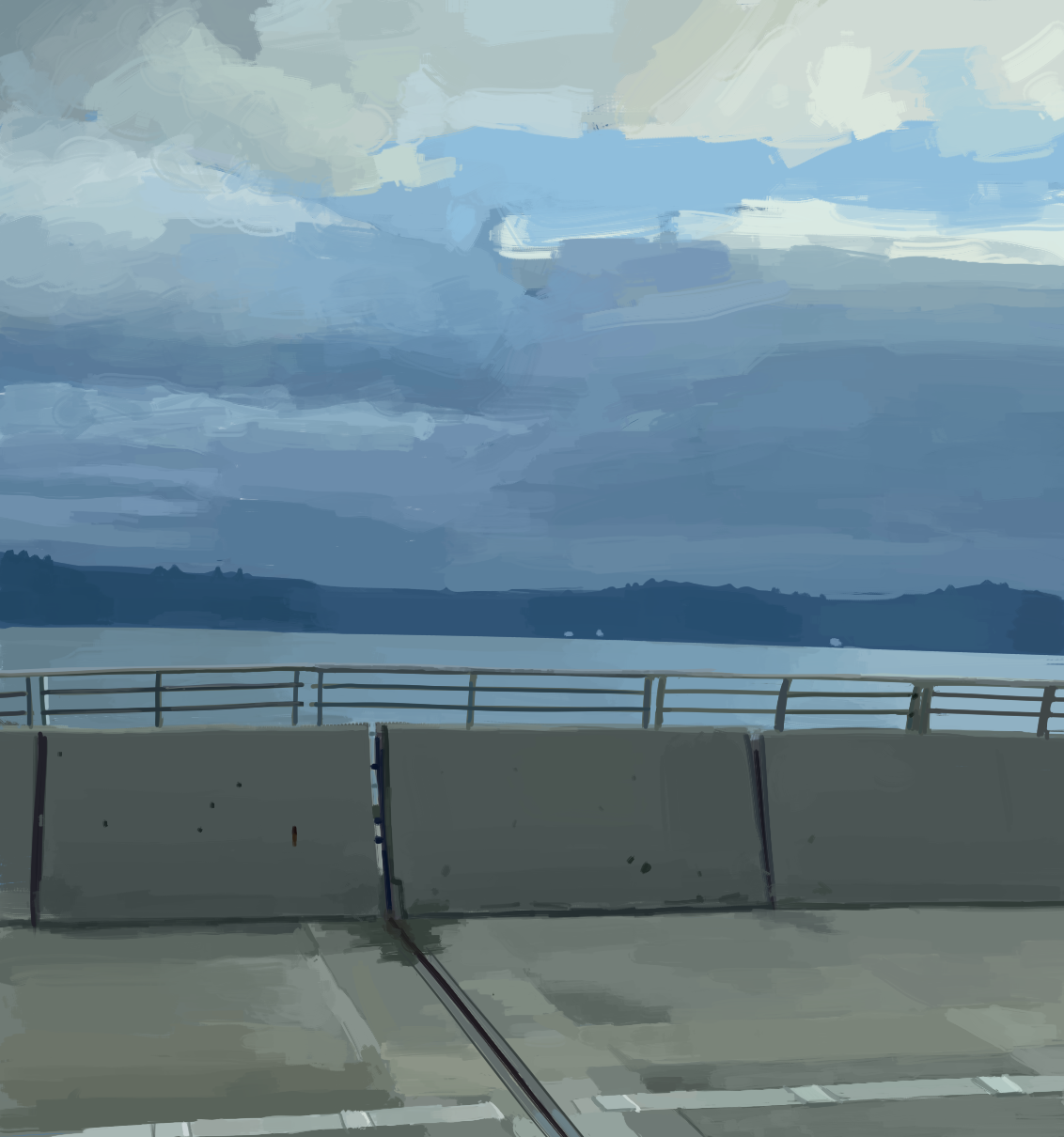 Illustration of the view from a bridge