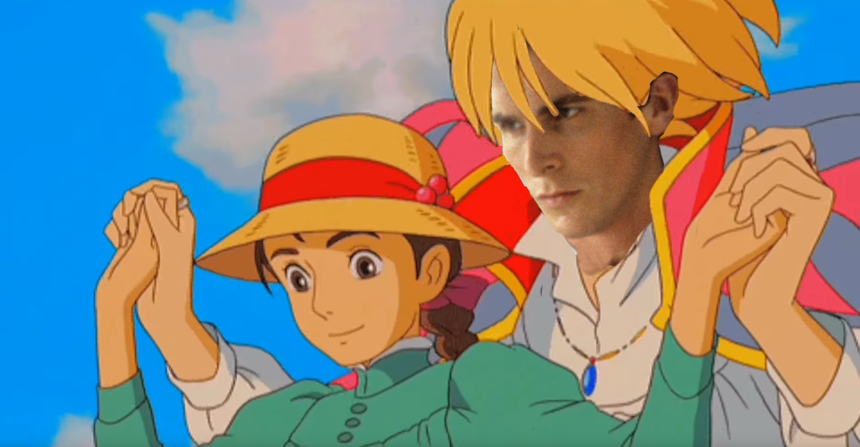 Still from Howl's moving castle with Christian Bale's face photoshopped over Howl's
