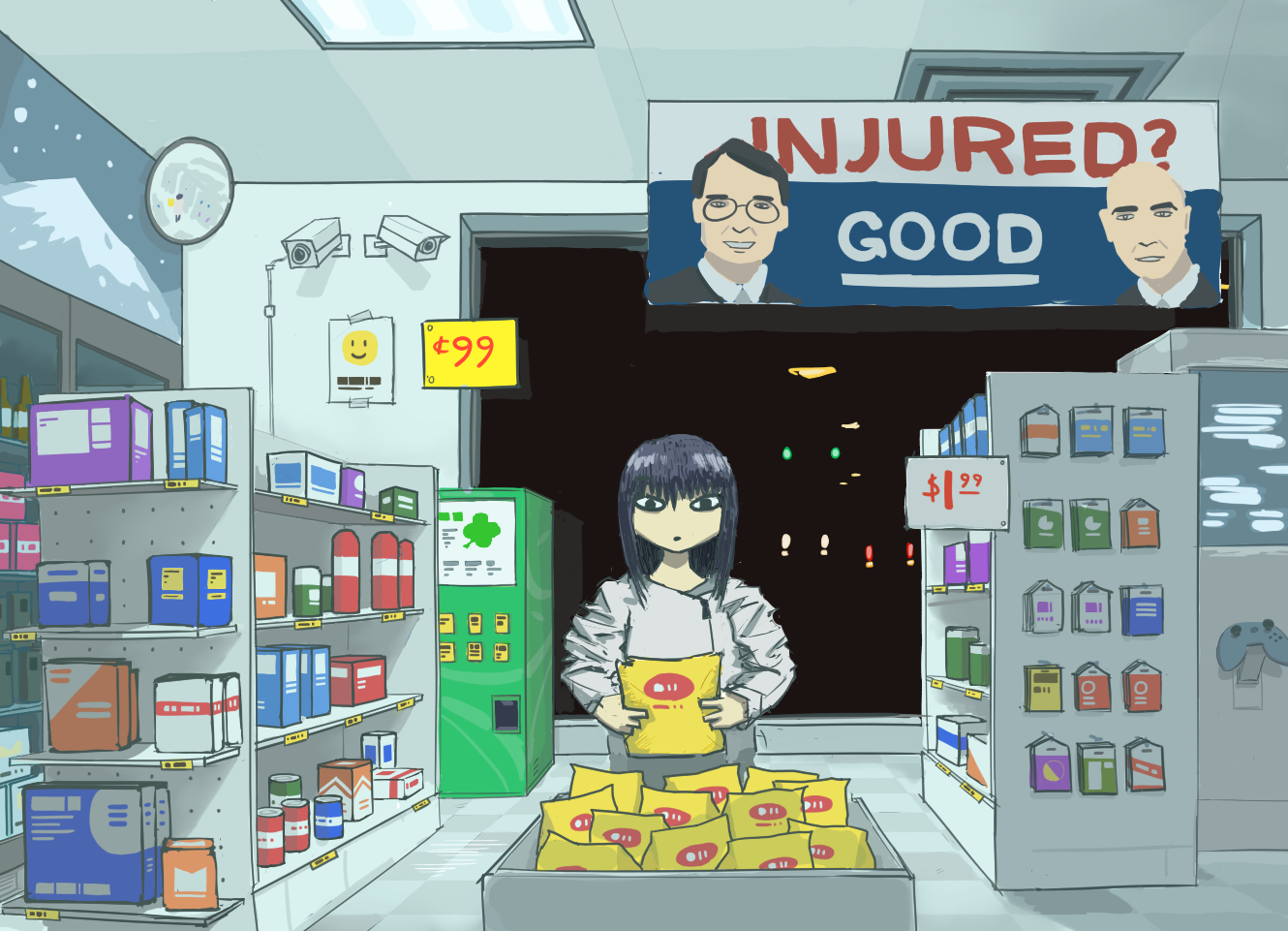 Illustration. Lady in gas station convenience store