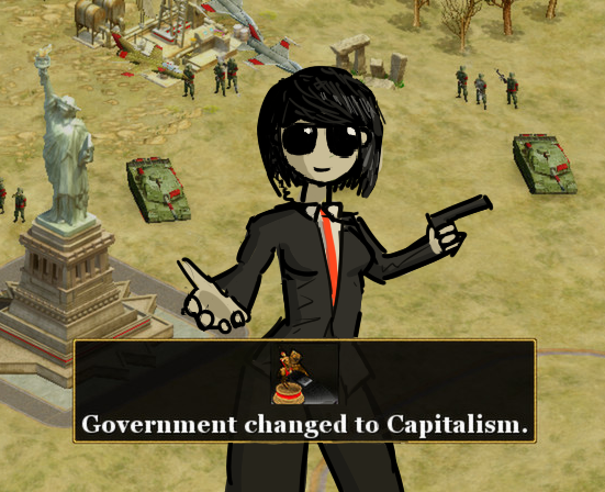 CIA girl standing in front of the statue of liberty and tanks. Caption: 'Government changed to Capitalism'