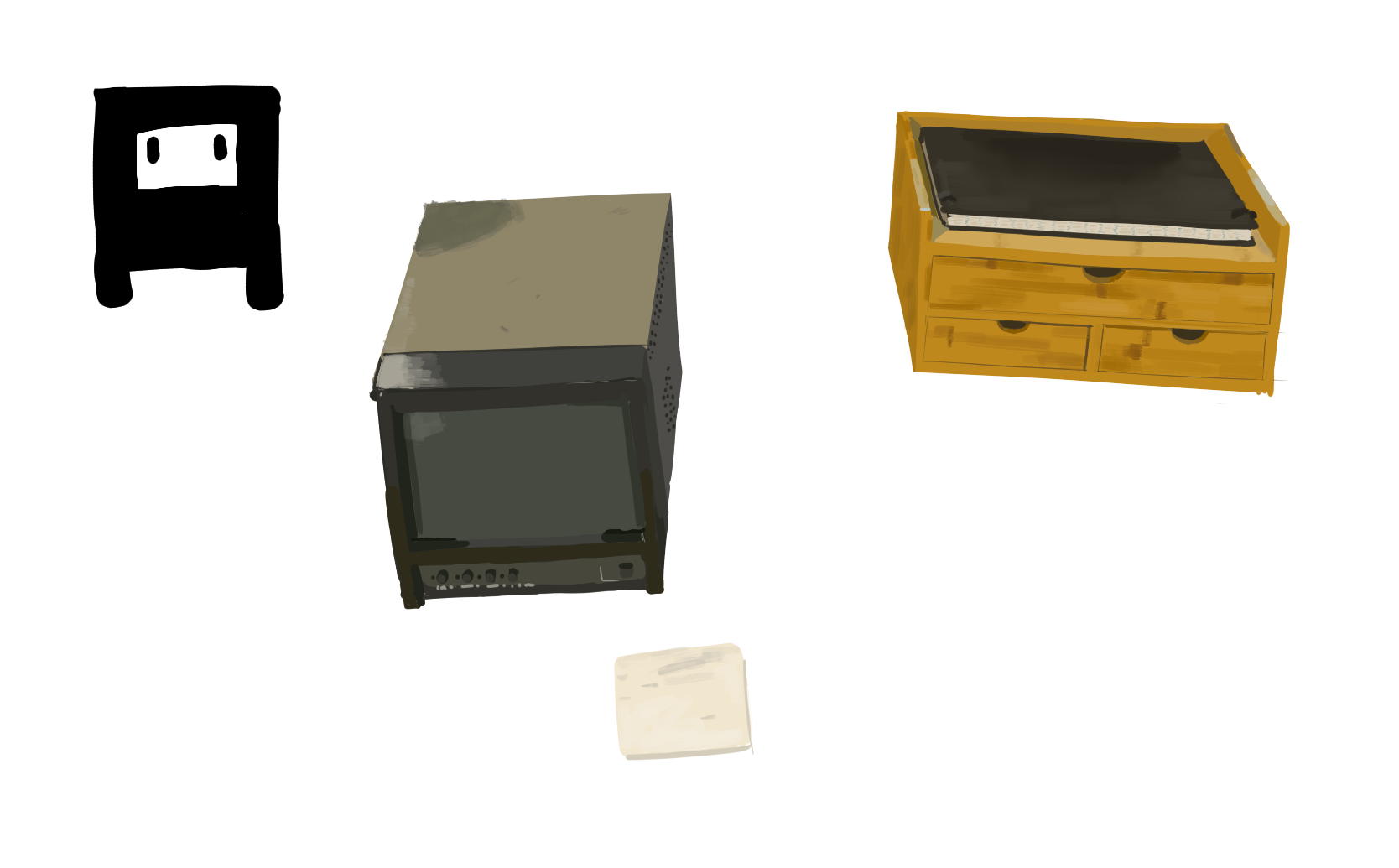 CRT TV, coaster, and desktop drawers